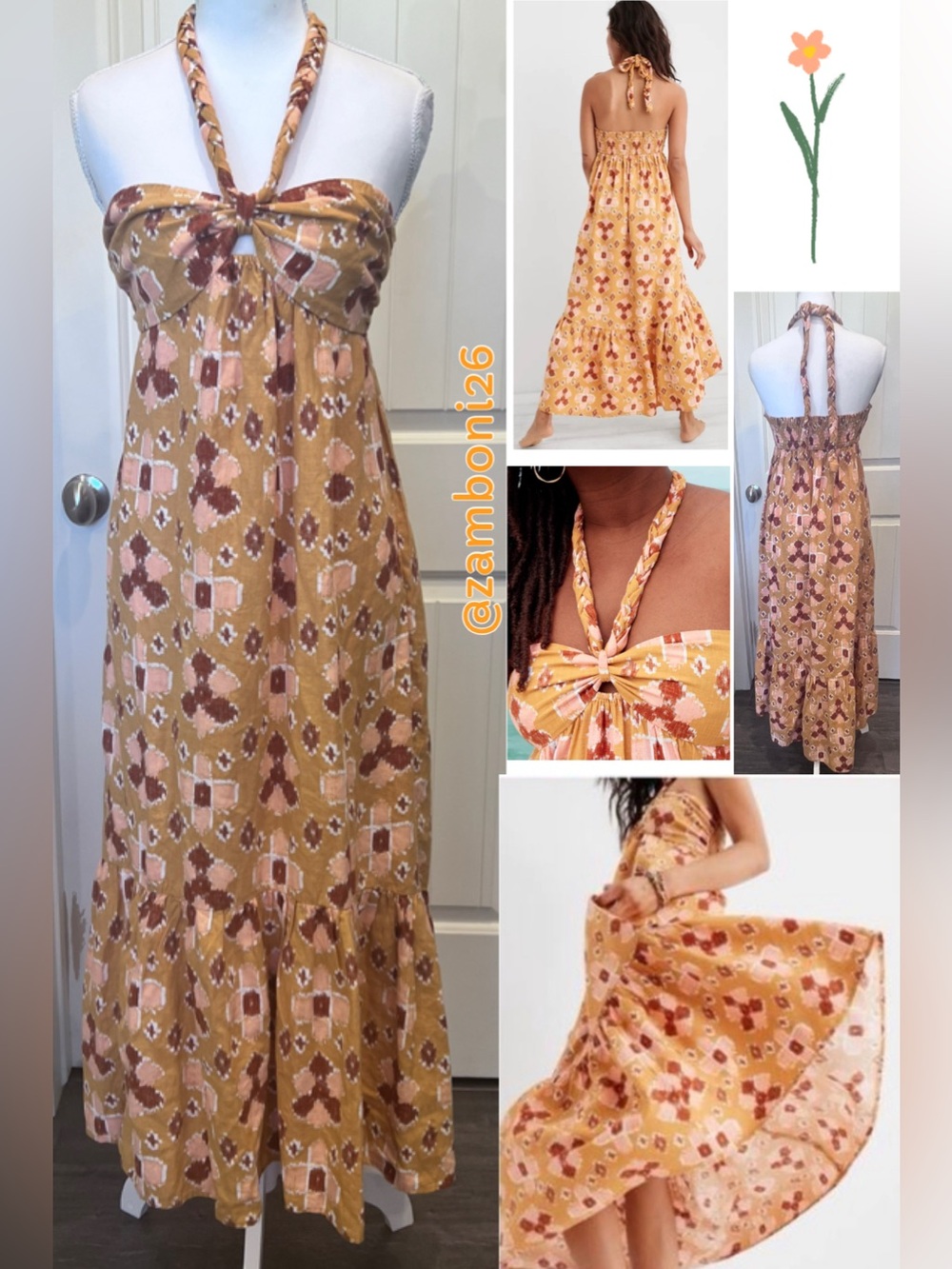 Aerie Halter Maxi Linen Blend Smocked Back Braided Tie Sun Dress Sz Small